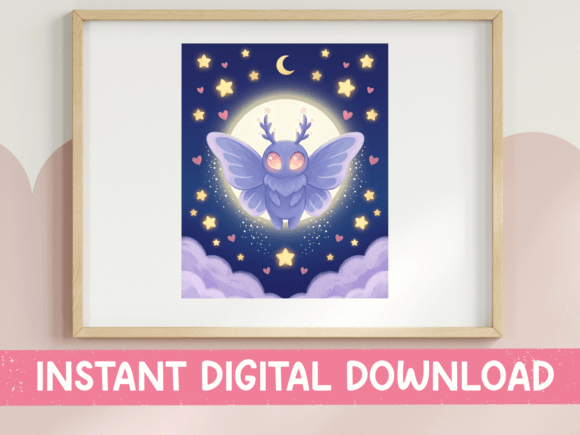 Embracing the Night: The Moth Moon Stars Mystical Night Art Print